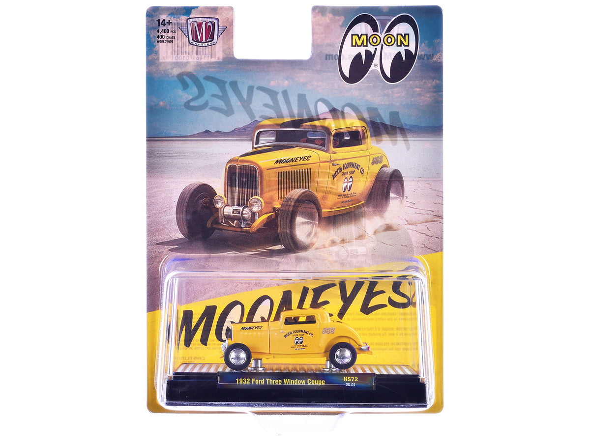 1932 Ford Three-Window Coupe "MoonEyes" Yellow with Black Stripe Limited Edition to 4400 pieces Worldwide 1/64 Diecast Model Car by M2 Machines LuxuryLifeWay Online Store