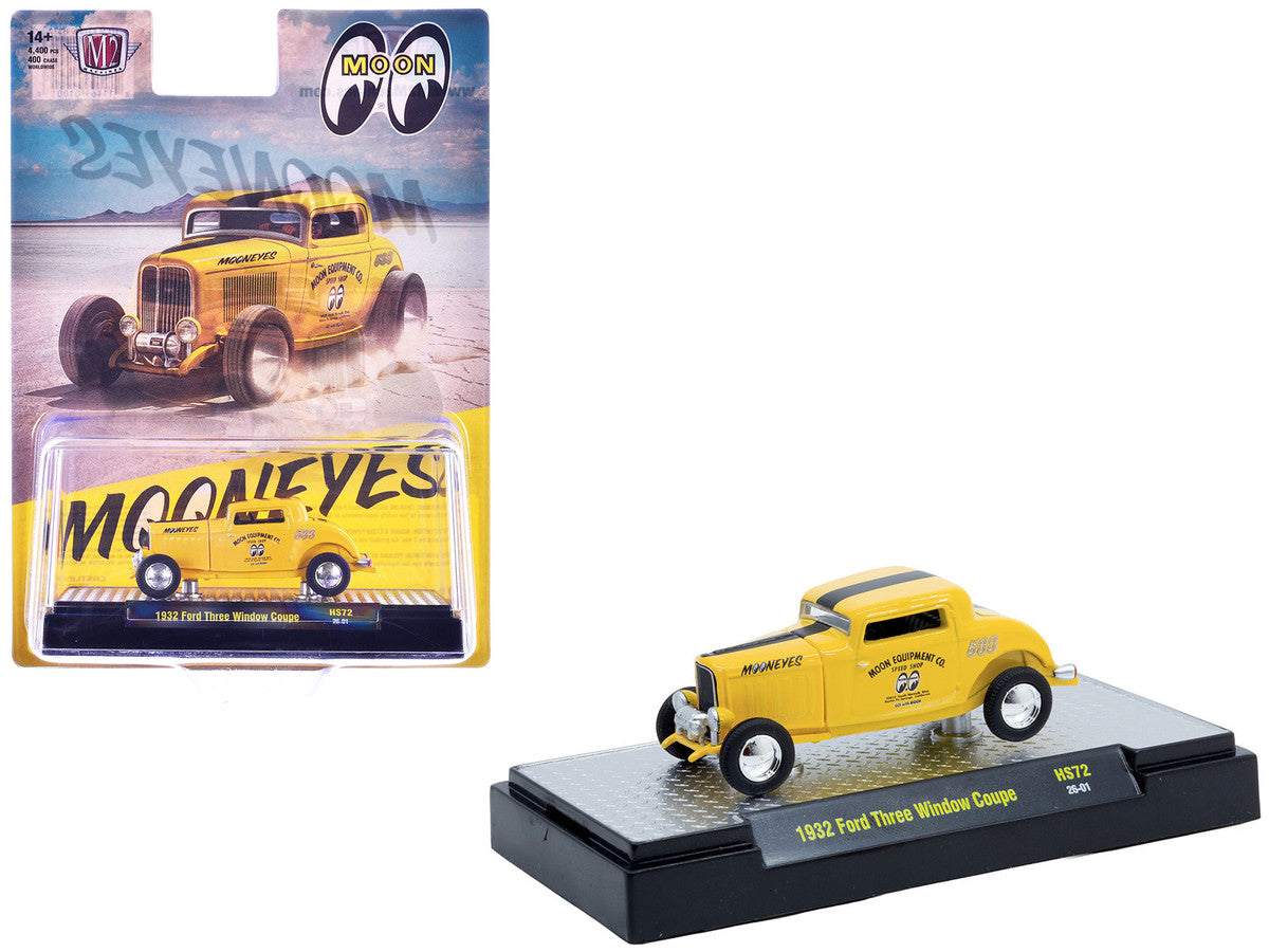 1932 Ford Three-Window Coupe "MoonEyes" Yellow with Black Stripe Limited Edition to 4400 pieces Worldwide 1/64 Diecast Model Car by M2 Machines LuxuryLifeWay Online Store
