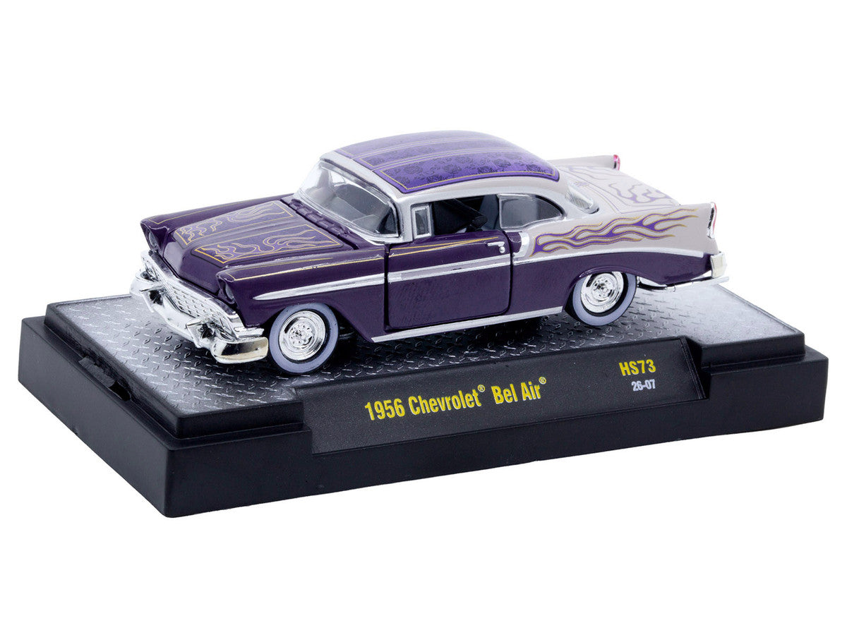 1956 Chevrolet Bel Air "Low and Slow" Purple Two-Tone with Graphics Limited Edition to 5500 pieces Worldwide 1/64 Diecast Model Car by M2 Machines LuxuryLifeWay Online Store