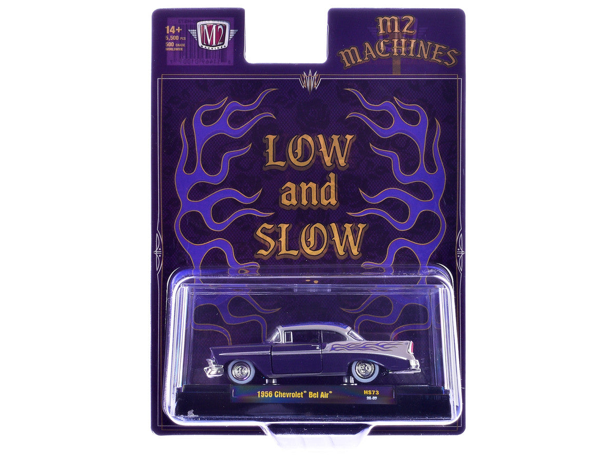 1956 Chevrolet Bel Air "Low and Slow" Purple Two-Tone with Graphics Limited Edition to 5500 pieces Worldwide 1/64 Diecast Model Car by M2 Machines LuxuryLifeWay Online Store