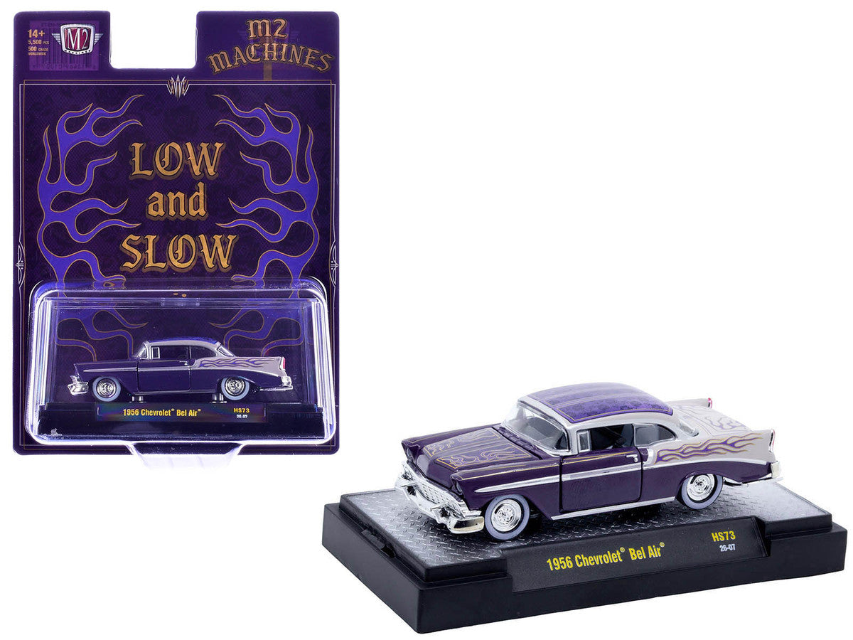 1956 Chevrolet Bel Air "Low and Slow" Purple Two-Tone with Graphics Limited Edition to 5500 pieces Worldwide 1/64 Diecast Model Car by M2 Machines LuxuryLifeWay Online Store