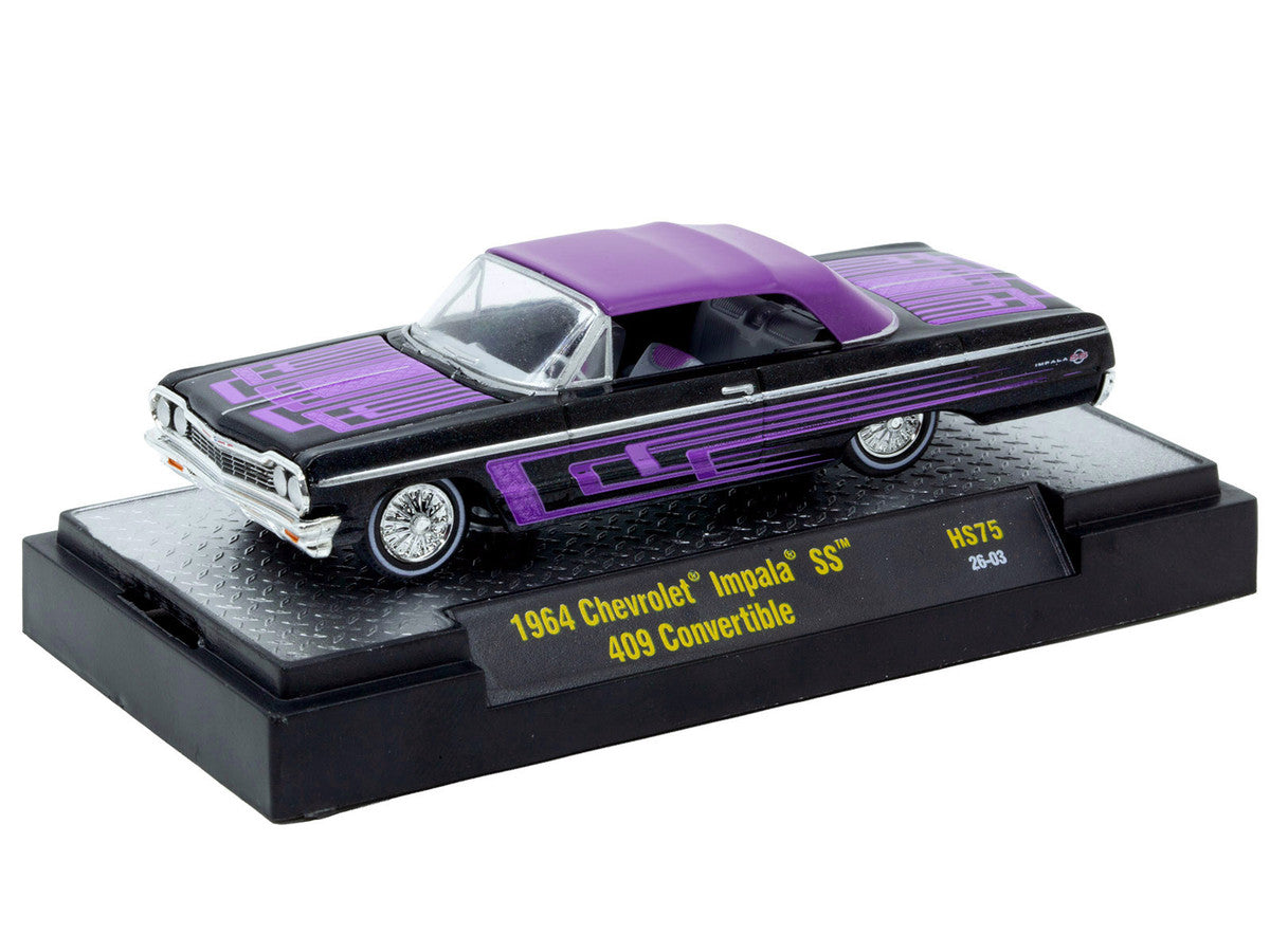 1964 Chevrolet Impala SS 409 Convertible Black Metallic with Purple Graphics and Purple Soft Top Limited Edition to 11000 pieces Worldwide 1/64 Diecast Model Car by M2 Machines LuxuryLifeWay Online Store