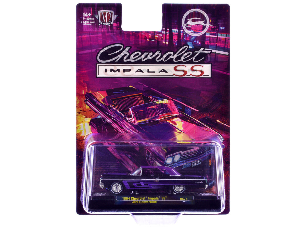 1964 Chevrolet Impala SS 409 Convertible Black Metallic with Purple Graphics and Purple Soft Top Limited Edition to 11000 pieces Worldwide 1/64 Diecast Model Car by M2 Machines LuxuryLifeWay Online Store