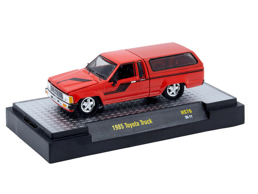 1985 Toyota SR5 Pickup Truck with Camper Shell Red with Black Stripes Limited Edition to 19844 pieces Worldwide 1/64 Diecast Model Car by M2 Machines LuxuryLifeWay Online Store