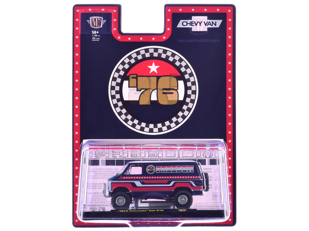 1976 Chevrolet G10 Van "Freedom '76" Dark Blue with White Top and Red and White Graphics Limited Edition to 7766 pieces 1/64 Diecast Model Car by M2 Machines LuxuryLifeWay Online Store