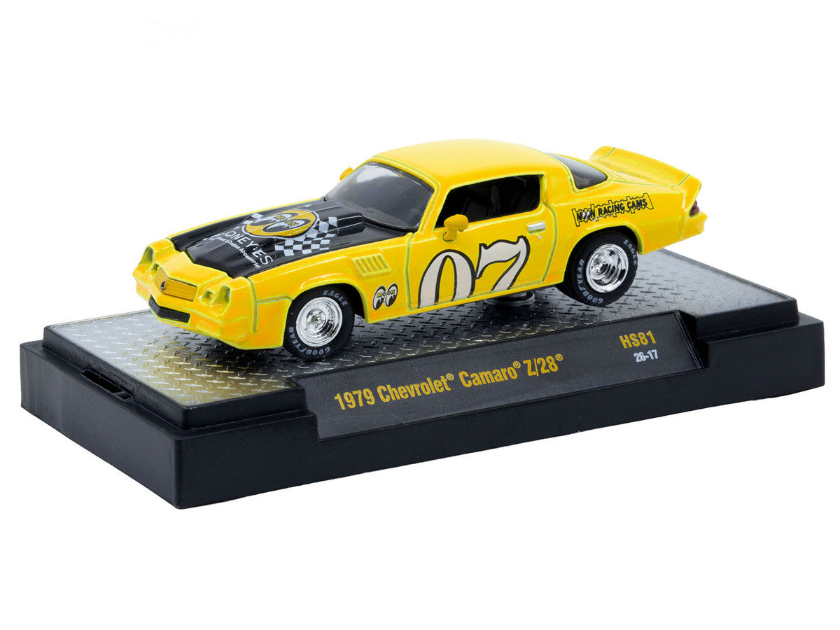 1979 Chevrolet Camaro Z/28 "MoonEyes" Yellow with Black Hood and Graphics Limited Edition to 10428 pieces Worldwide 1/64 Diecast Model Car by M2 Machines LuxuryLifeWay Online Store