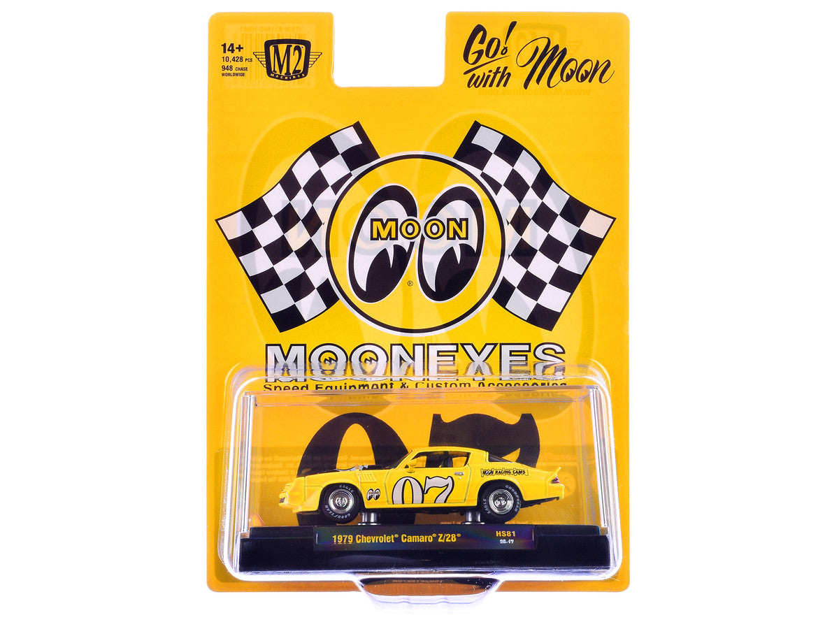 1979 Chevrolet Camaro Z/28 "MoonEyes" Yellow with Black Hood and Graphics Limited Edition to 10428 pieces Worldwide 1/64 Diecast Model Car by M2 Machines LuxuryLifeWay Online Store
