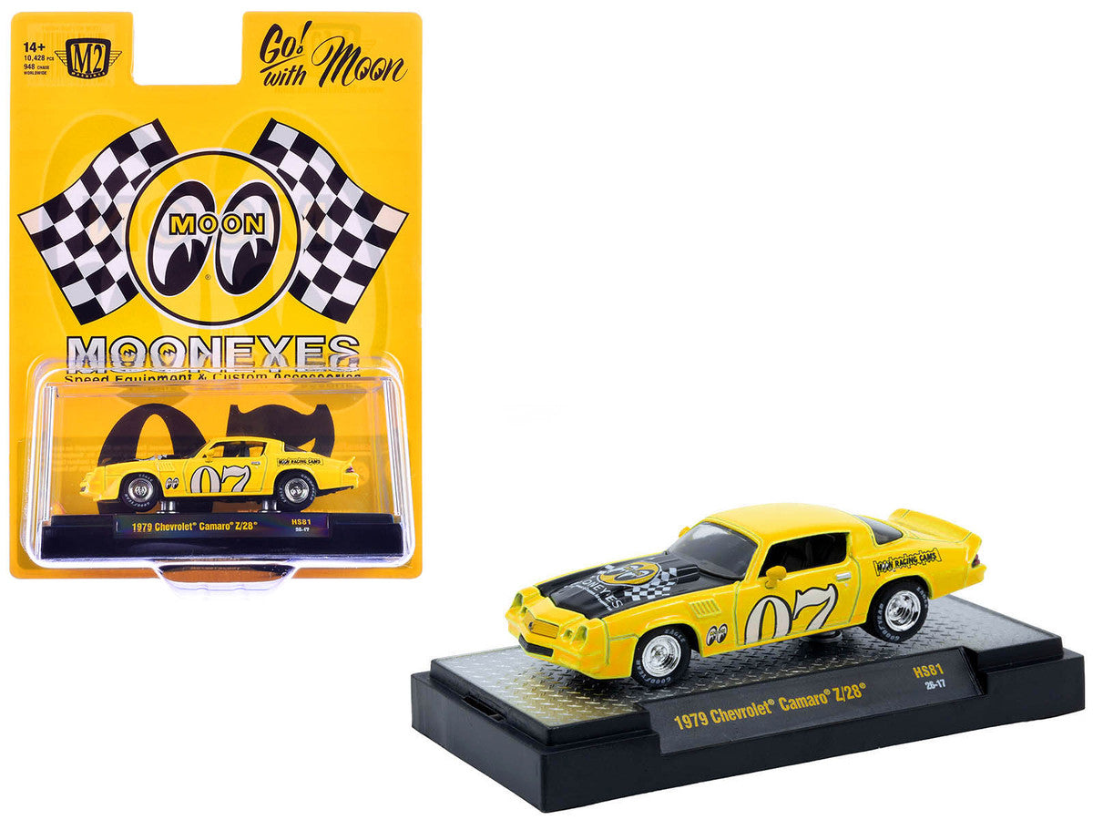1979 Chevrolet Camaro Z/28 "MoonEyes" Yellow with Black Hood and Graphics Limited Edition to 10428 pieces Worldwide 1/64 Diecast Model Car by M2 Machines LuxuryLifeWay Online Store