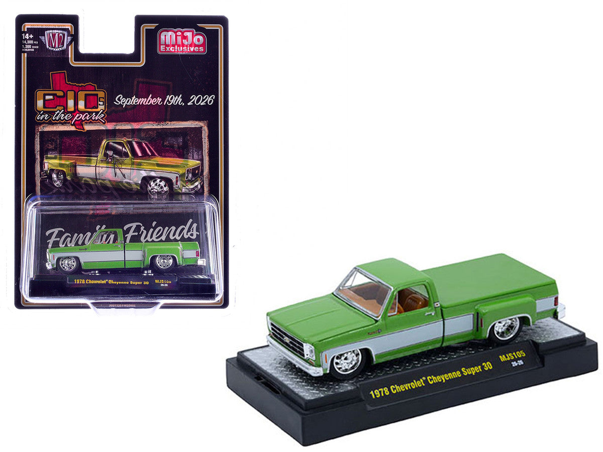 1978 Chevrolet Cheyenne Super 30 Pickup Truck Green Metallic with White Side Stripes "C10s in the Park" (2026) Limited Edition to 14300 pieces Worldwide 1/64 Diecast Model Car by M2 Machines LuxuryLifeWay Online Store