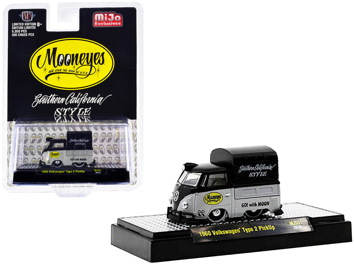1960 Volkswagen Type 2 Pickup Truck with Canvas Cover "Mooneyes Southern California Style" Black and Gray Limited Edition to 6050 pieces Worldwide 1/64 Diecast Model Car by M2 Machines LuxuryLifeWay Online Store