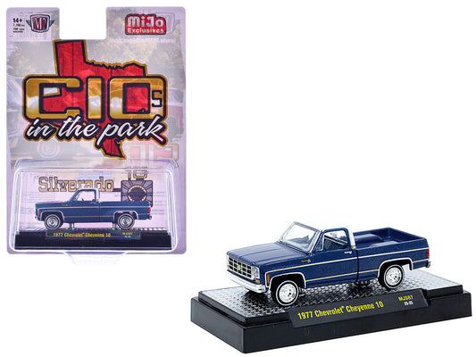 1977 Chevrolet Cheyenne 10 Pickup Truck Blue Metallic with White Top and Blue Interior Limited Edition to 7700 pieces Worldwide 1/64 Diecast Model Car by M2 Machines LuxuryLifeWay Online Store