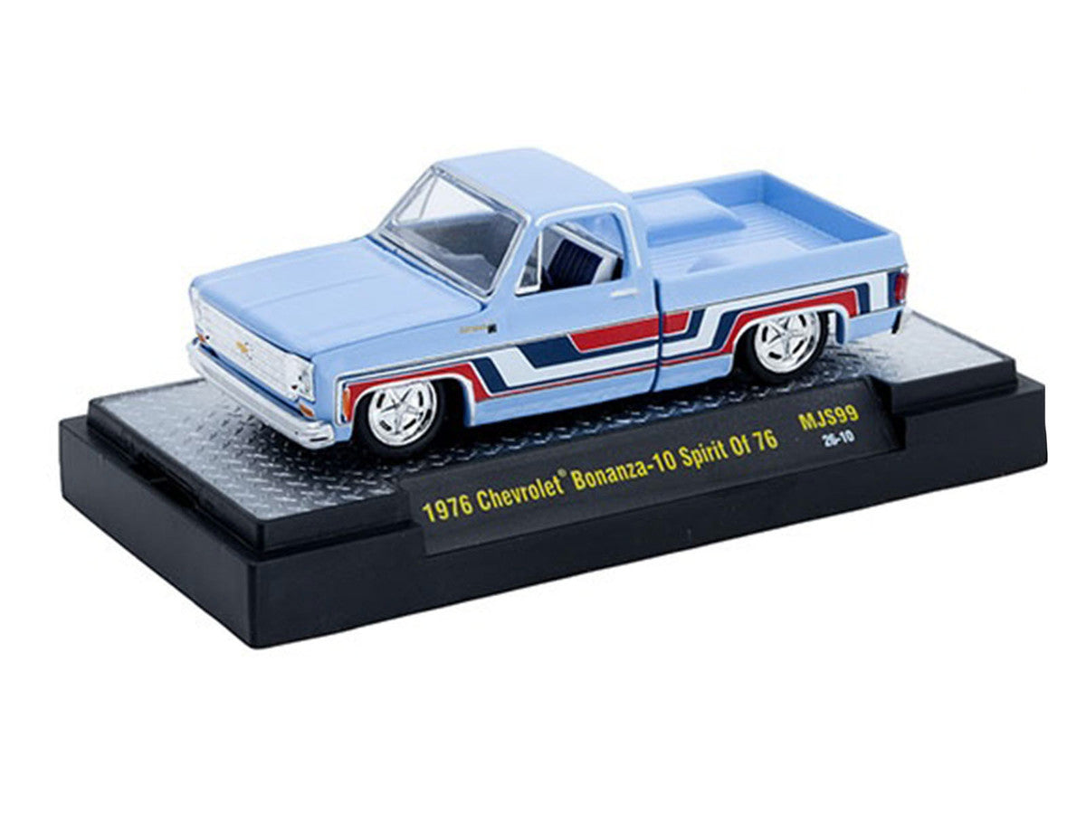 1976 Chevrolet Silverado Bonanza-10 Pickup Truck "Spirit of '76" Light Blue with Red White and Blue Graphics Limited Edition to 11770 pieces Worldwide 1/64 Diecast Model Car by M2 Machines LuxuryLifeWay Online Store