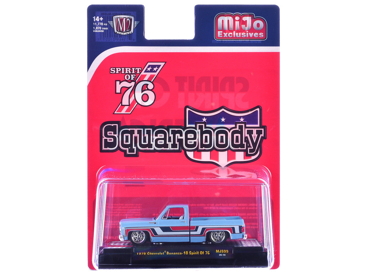 1976 Chevrolet Silverado Bonanza-10 Pickup Truck "Spirit of '76" Light Blue with Red White and Blue Graphics Limited Edition to 11770 pieces Worldwide 1/64 Diecast Model Car by M2 Machines LuxuryLifeWay Online Store
