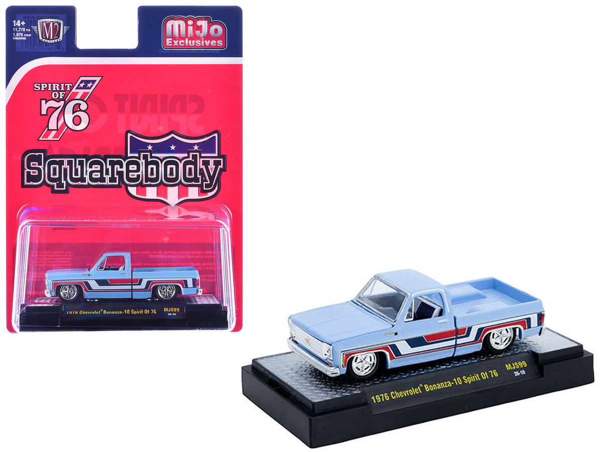 1976 Chevrolet Silverado Bonanza-10 Pickup Truck "Spirit of '76" Light Blue with Red White and Blue Graphics Limited Edition to 11770 pieces Worldwide 1/64 Diecast Model Car by M2 Machines LuxuryLifeWay Online Store
