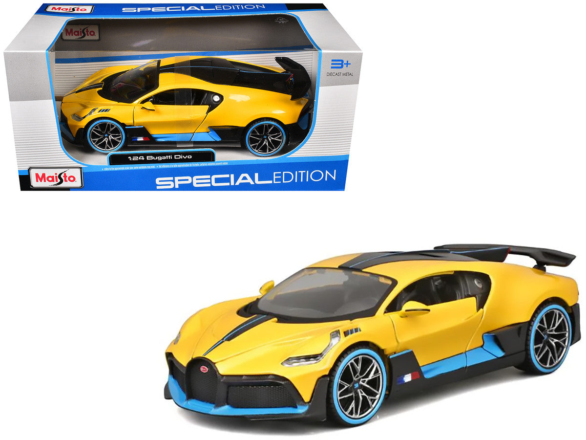 Bugatti Divo Yellow Metallic with Carbon and Blue Accents "Special Edition" 1/24 Diecast Model Car by Maisto LuxuryLifeWay Online Store