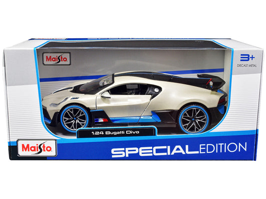 Bugatti Divo Satin White Metallic with Carbon and Blue Accents "Special Edition" 1/24 Diecast Model Car by Maisto LuxuryLifeWay Online Store