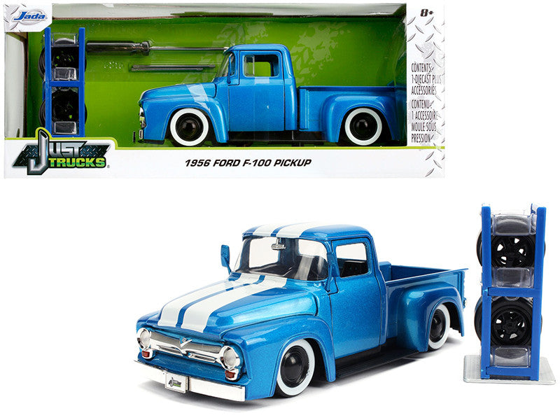 1956 Ford F-100 Pickup Truck Blue Metallic with White Stripes and Extra Wheels "Just Trucks" Series 1/24 Diecast Model Car by Jada LuxuryLifeWay Online Store
