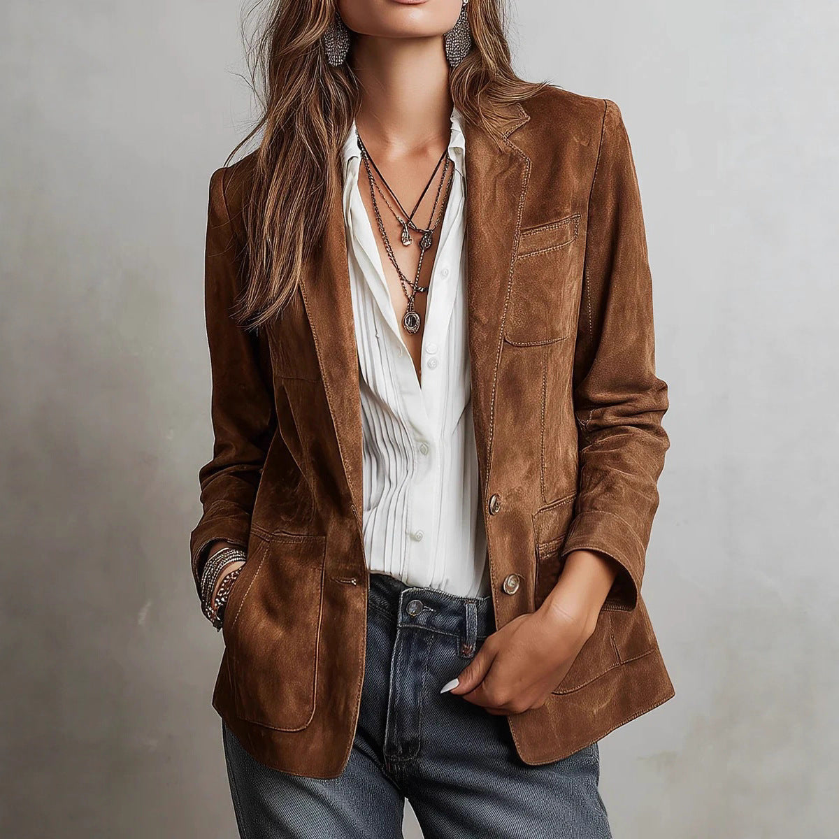 European And American Cross-border Autumn Women's Fashion Jacket, Elegant Brown Suede With Pockets And Buttons NorixaFashion.com