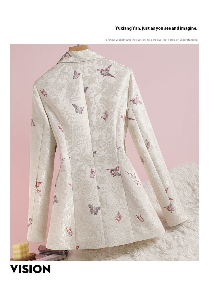 Women's Apricot Waist-tight Design National Style Printed Suit Jacket NorixaFashion.com