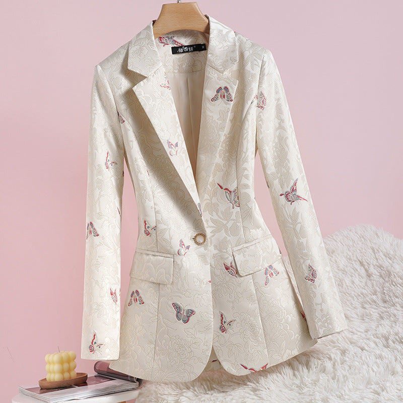 Women's Apricot Waist-tight Design National Style Printed Suit Jacket NorixaFashion.com