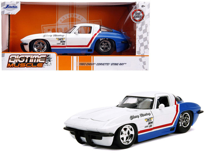 1963 Chevrolet Corvette Stingray White and Blue with Red Stripe "Chevy Racing" "Bigtime Muscle" 1/24 Diecast Model Car by Jada LuxuryLifeWay Online Store