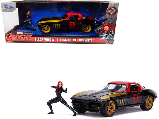 1966 Chevrolet Corvette with Black Widow Diecast Figurine "Avengers" "Marvel" Series 1/24 Diecast Model Car by Jada LuxuryLifeWay Online Store
