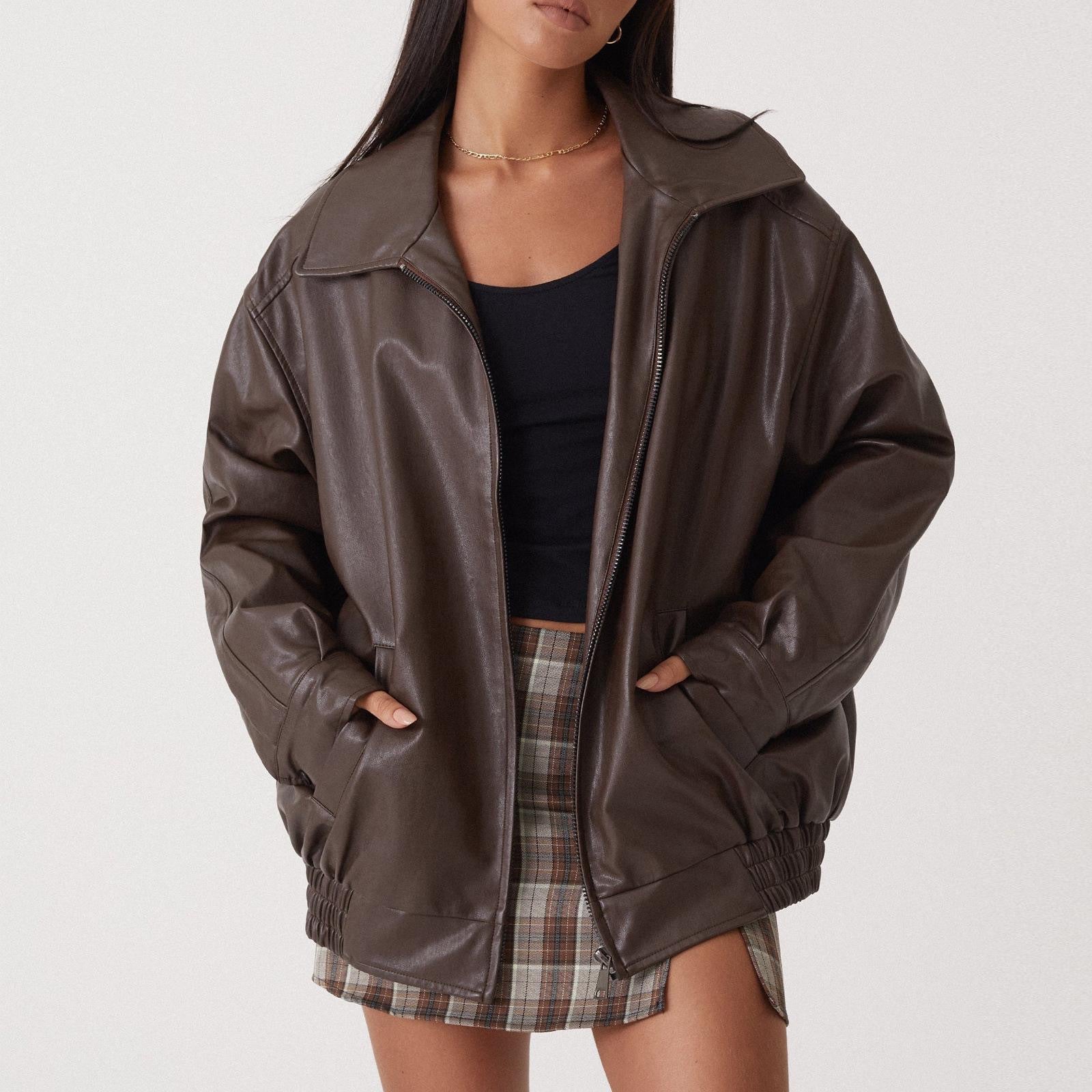 Spring And Autumn European And American Leather Jacket Locomotive Style Loose Top Coat Women LadyShow.Store