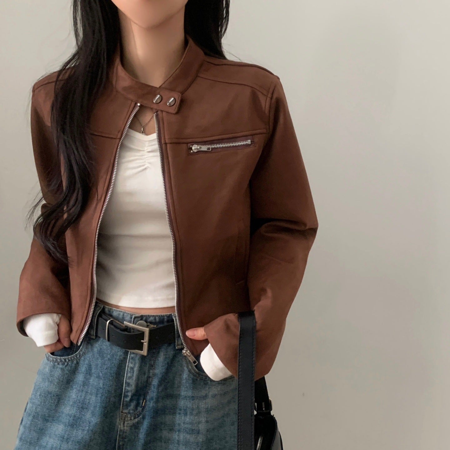 High Waist Short Jacket Suede Motorcycle Top LadyShow.Store