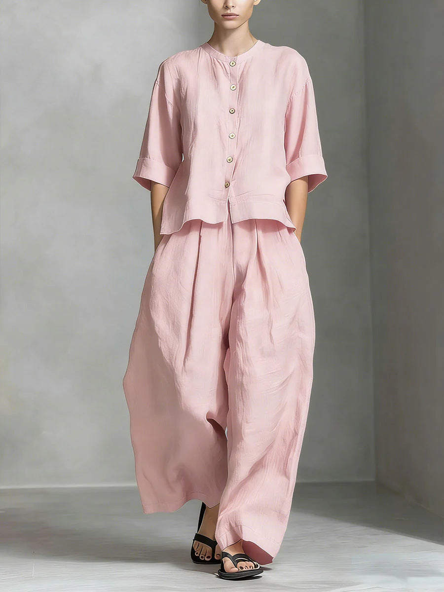 Solid-color Cotton-linen Shirt And Loose-fitting Trousers Two-piece Set NorixaFashion.com