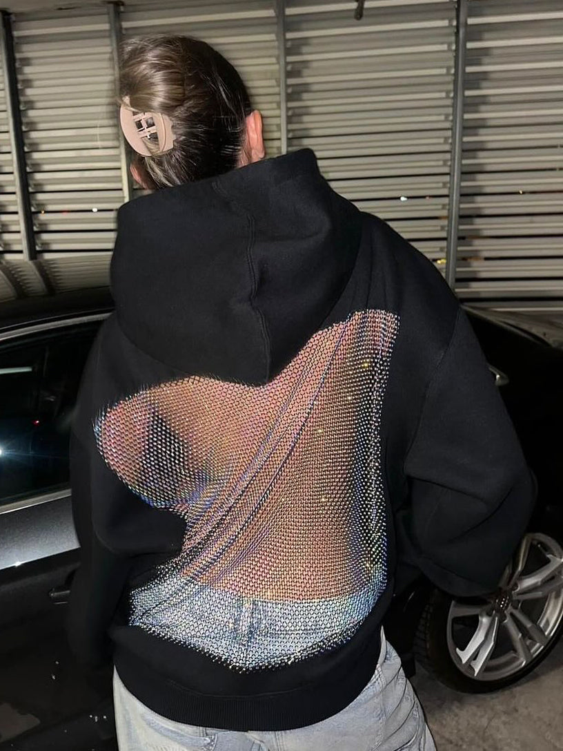Casual Patchwork Mesh Diamond Hooded Sweatshirt NorixaFashion.com