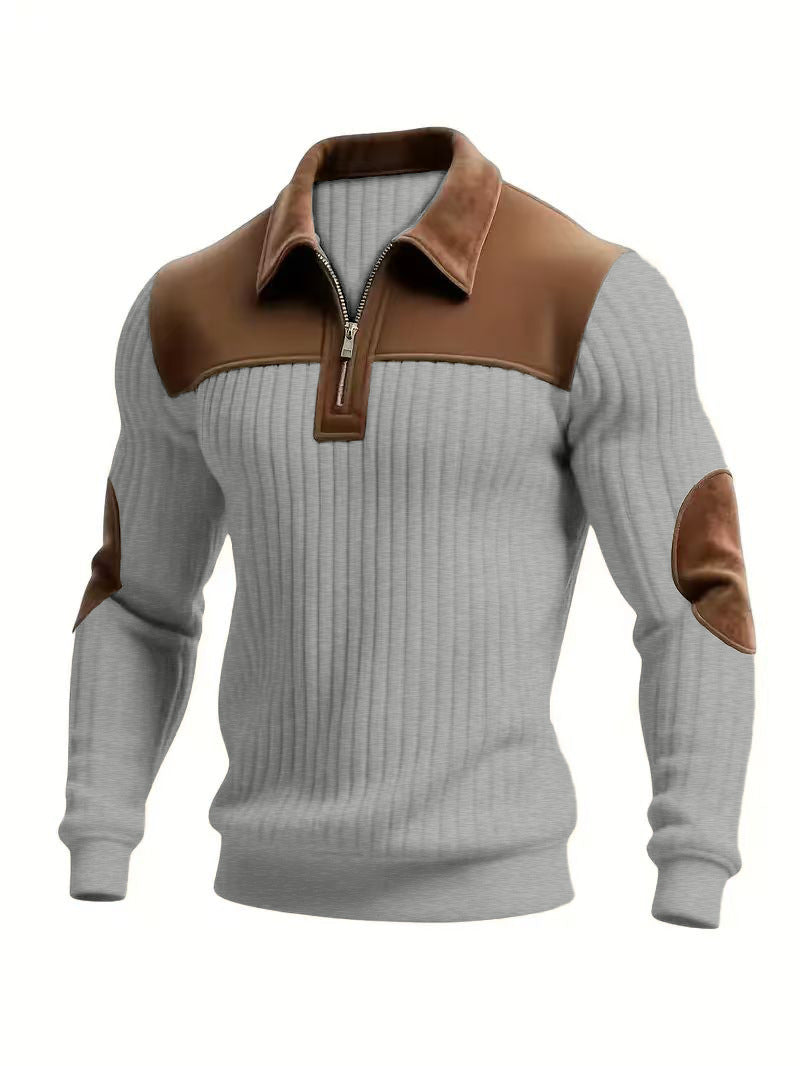 Notched-collar Patchwork Knit Top With Embroidered Zipper Hoodie CJD