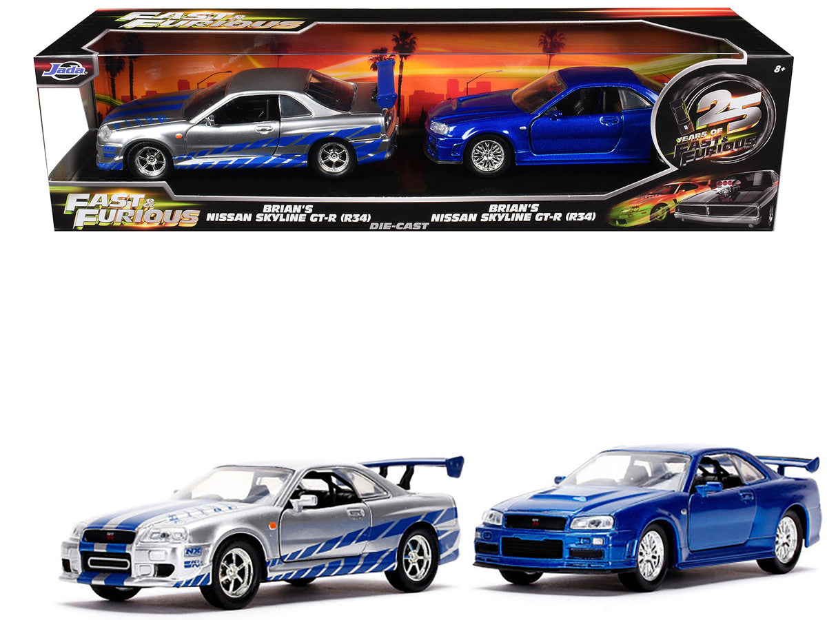 Brian's Nissan Skyline GT-R (BNR34) Silver with Blue Stripes and Nissan GT-R (BNR34) Blue Metallic Set of 2 pieces "25 Years of Fast & Furious" Series 1/32 Diecast Model Cars by Jada LuxuryLifeWay Online Store