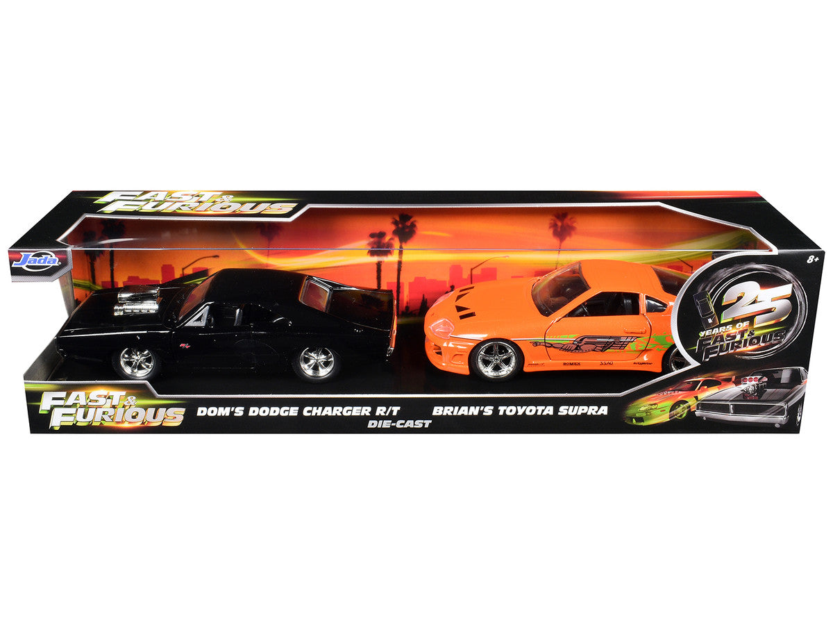 Dom's Dodge Charger R/T Black and Brian's Toyota Supra Orange Set of 2 pieces "25 Years of Fast & Furious" Series 1/32 Diecast Model Cars by Jada LuxuryLifeWay Online Store