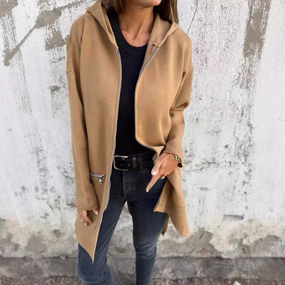 Zip-up Hooded Cardigan Coat Fashion Solid Color Pocket Jacket Fall And Winter Women's Coat Clothing NorixaFashion.com