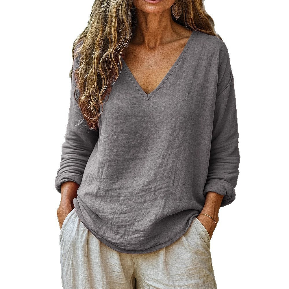 Fashionable Cotton-Linen Long-Sleeve V-Neck Top NorixaFashion.com