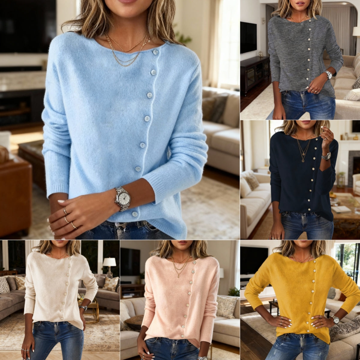 Elegant Round Neck Long Sleeve Button Sweater For Women Fall Spring Knitted Sweaters Tops LadyShow.Store