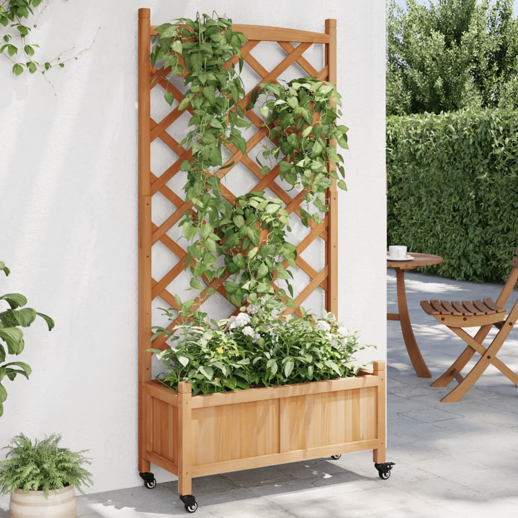 Planter with Trellis and Wheels Brown Solid Wood Fir LuxuryLifeWay Online Store