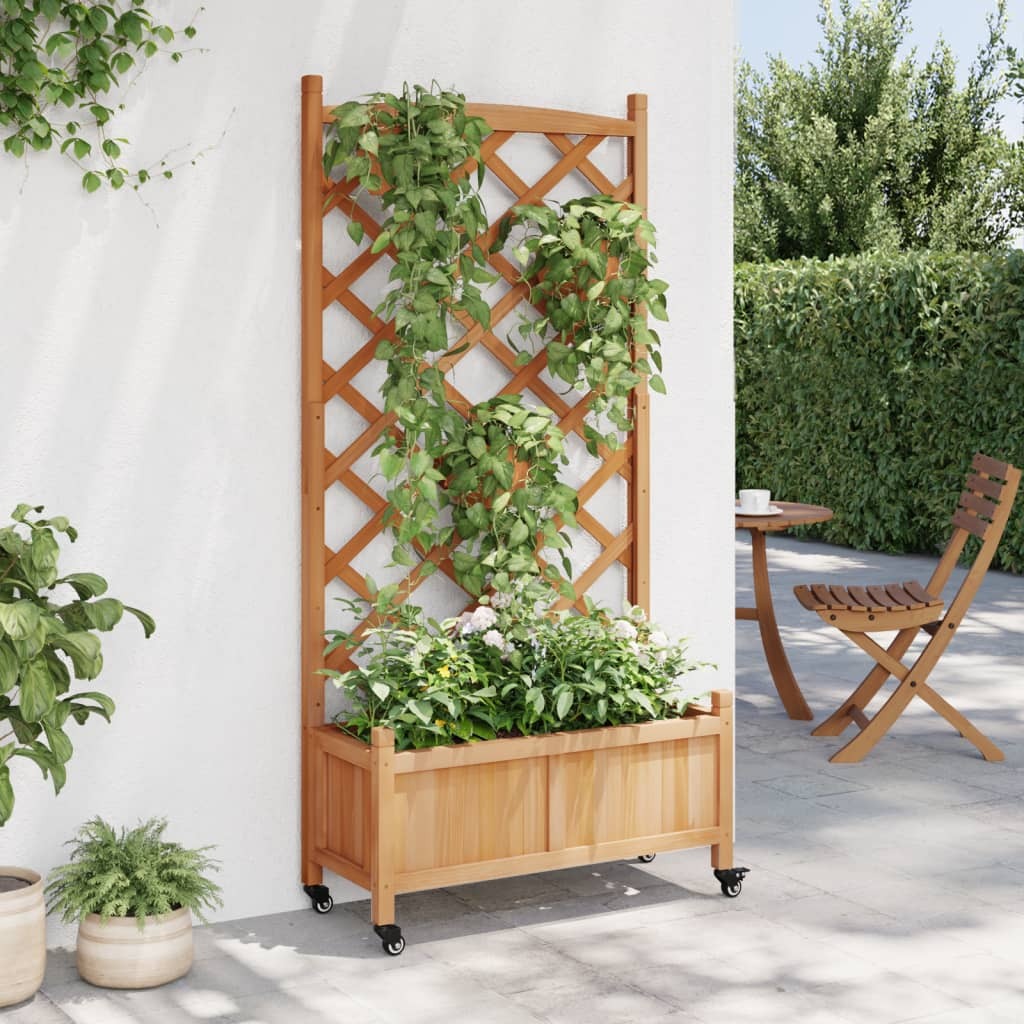 Planter with Trellis and Wheels Brown Solid Wood Fir LuxuryLifeWay Online Store