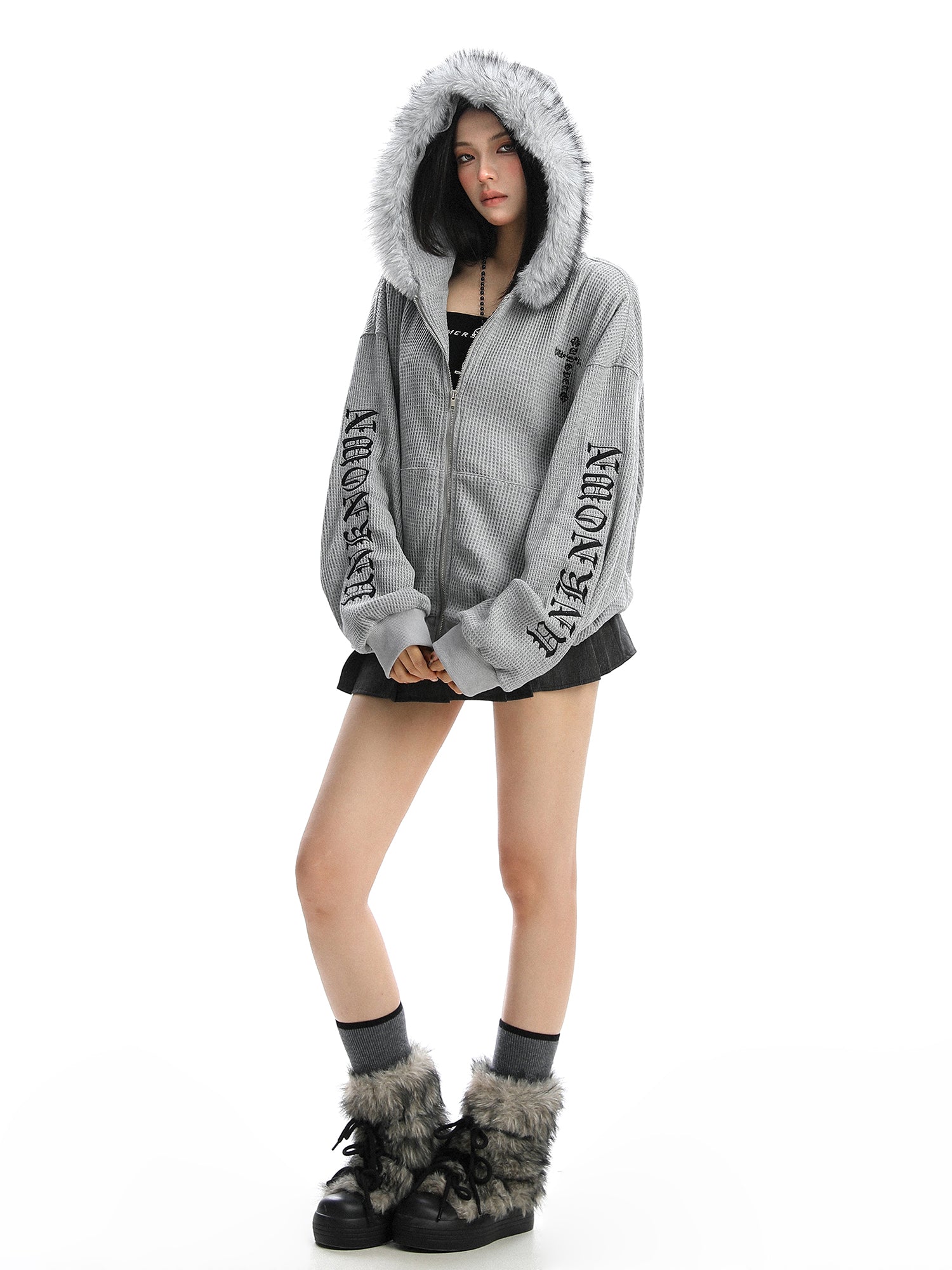 Cross Printed Hoodie Women's Fur Collar Baggy Coat Best YouTube Store