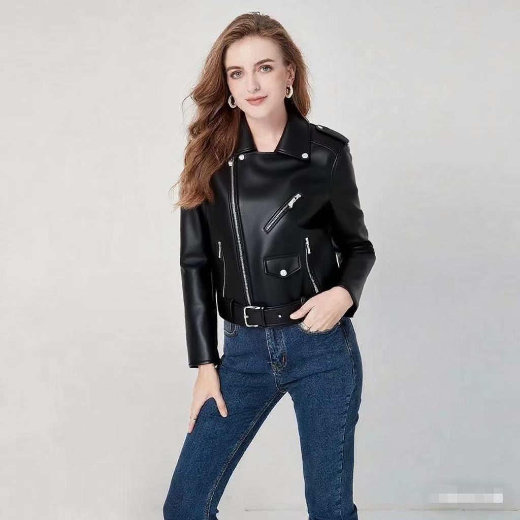 Women's Fashion Diagonal Zipper Slim Fit Washed Motorcycle Jacket LadyShow.Store