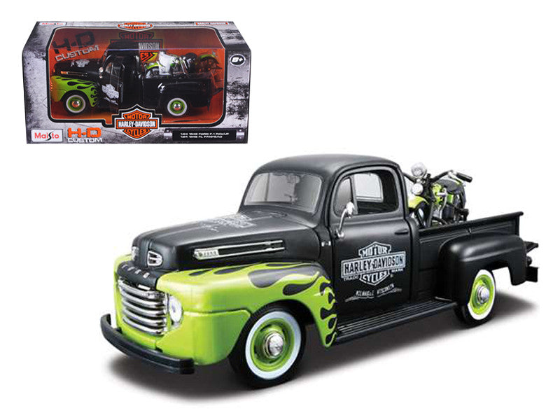 1948 Ford F-1 Pickup Truck "Harley Davidson" with 1948 Harley Davidson FL Panhead Motorcycle Black and Green 1/24 Diecast Models by Maisto LuxuryLifeWay Online Store