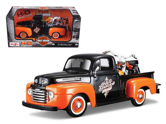 1948 Ford F-1 Pickup Truck with 1958 Harley Davidson FLH Duo Glide Motorcycle Orange and Black 1/24 Diecast Models by Maisto LuxuryLifeWay Online Store