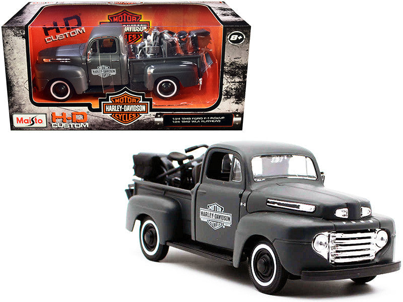 1948 Ford F-1 Pickup Truck and 1942 Harley-Davidson WLA Flathead Motorcycle Matt Dark Gray "Harley-Davidson Custom" 1/24 Diecast Models by Maisto LuxuryLifeWay Online Store