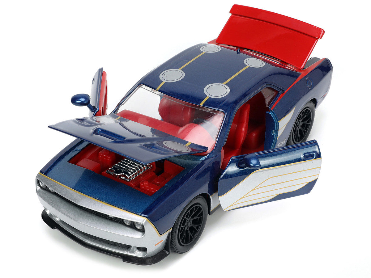 2015 Dodge Challenger SRT Hellcat Dark Blue with Graphics and Red Interior and Thor Diecast Figure "The Mighty Thor" "Marvel" Series 1/24 Diecast Model Car by Jada LuxuryLifeWay Online Store