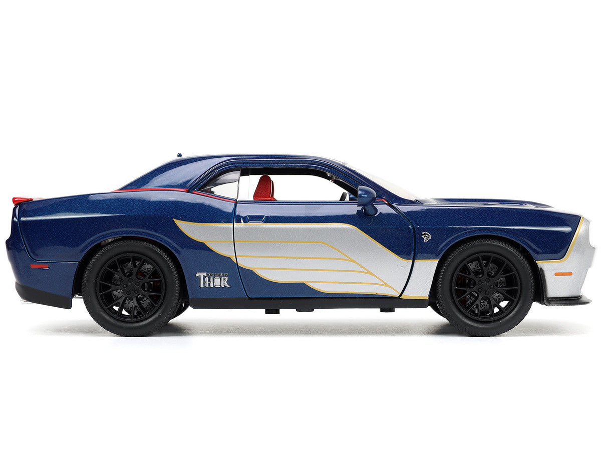 2015 Dodge Challenger SRT Hellcat Dark Blue with Graphics and Red Interior and Thor Diecast Figure "The Mighty Thor" "Marvel" Series 1/24 Diecast Model Car by Jada LuxuryLifeWay Online Store
