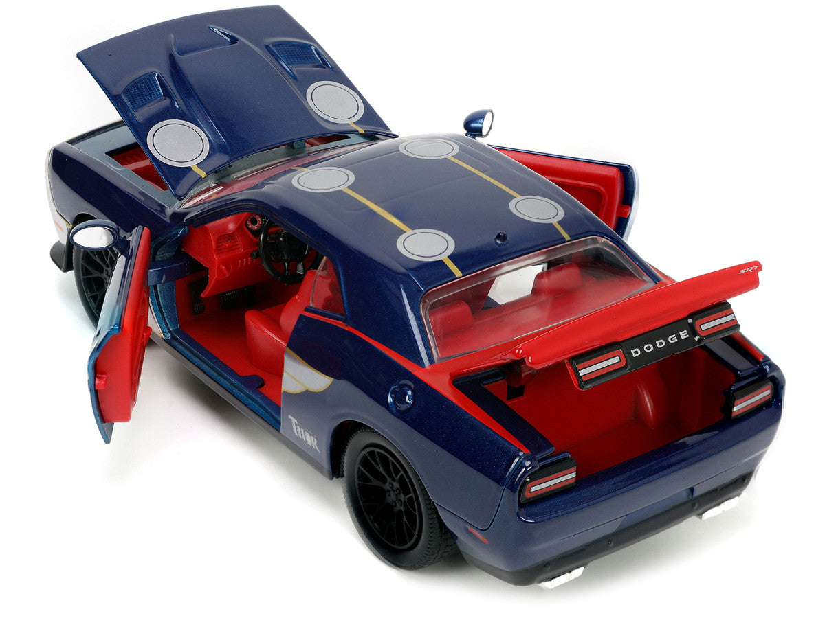2015 Dodge Challenger SRT Hellcat Dark Blue with Graphics and Red Interior and Thor Diecast Figure "The Mighty Thor" "Marvel" Series 1/24 Diecast Model Car by Jada LuxuryLifeWay Online Store