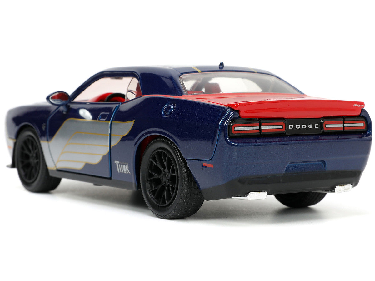 2015 Dodge Challenger SRT Hellcat Dark Blue with Graphics and Red Interior and Thor Diecast Figure "The Mighty Thor" "Marvel" Series 1/24 Diecast Model Car by Jada LuxuryLifeWay Online Store