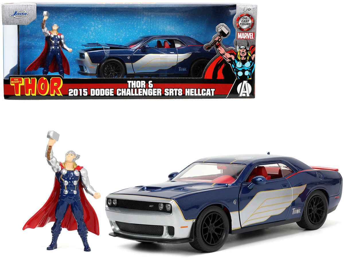 2015 Dodge Challenger SRT Hellcat Dark Blue with Graphics and Red Interior and Thor Diecast Figure "The Mighty Thor" "Marvel" Series 1/24 Diecast Model Car by Jada LuxuryLifeWay Online Store