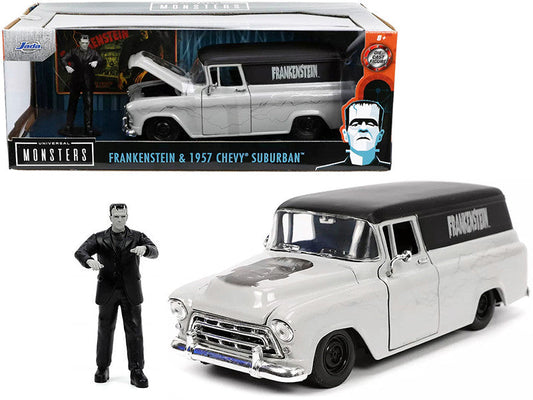 1957 Chevrolet Suburban Gray and Black with Graphics and Frankenstein Diecast Figurine "Universal Monsters" "Hollywood Rides" Series 1/24 Diecast Model Car by Jada LuxuryLifeWay Online Store