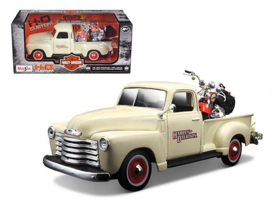 1950 Chevrolet 3100 Pickup Truck Cream 1/25 and 2001 FLSTS Heritage Springer Motorcycle Orange 1/24 "Harley-Davidson Custom" Series Diecast Models by Maisto LuxuryLifeWay Online Store